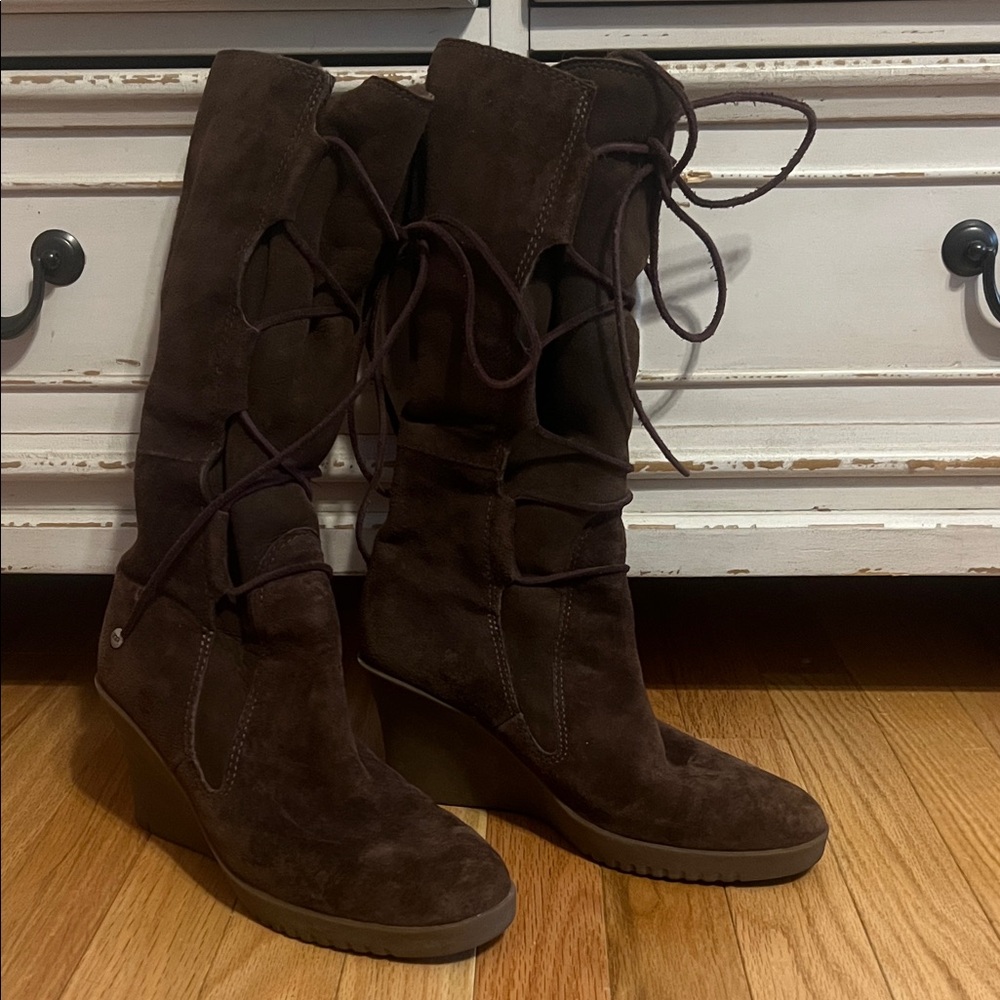 UGG Brown Suede Lace-Up Wedge Boots